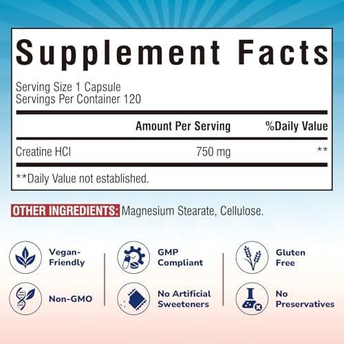 Vitalibre Creatine HCl Capsule, 750mg High Absorption Creatine Hydrochloride, Endurance, Strength, Fast Absorbing, No Load, No Bloat, Monohydrate Micronized Alternative, Once Daily, 120 Capsules - görsel 1