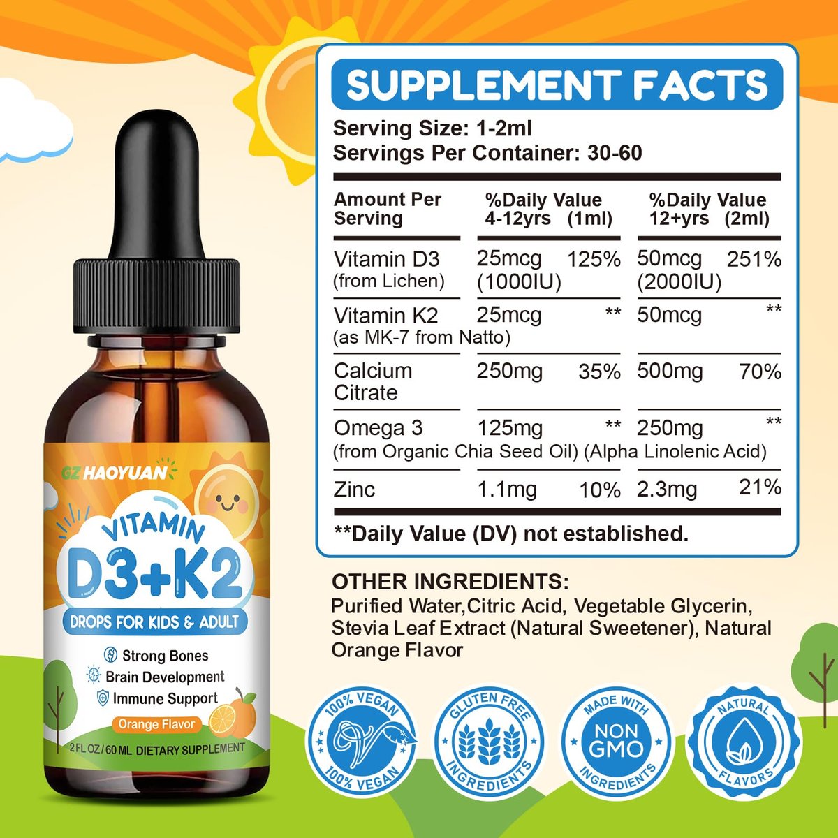 Vitamin D3 K2 Drops for Kids Liquid Supplement with Calcium, Omega 3, Zinc, Vitamin D3 K2 for Calcium Absorption Healthy Bones, Brain Development & Immune System, Non-GMO, Vegan, Orange Flavor 2 Fl Oz - görsel 3