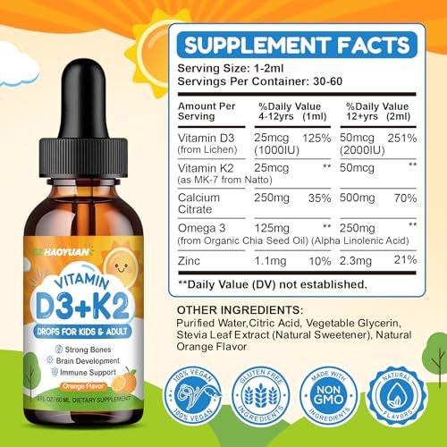 Vitamin D3 K2 Drops for Kids Liquid Supplement with Calcium, Omega 3, Zinc, Vitamin D3 K2 for Calcium Absorption Healthy Bones, Brain Development & Immune System, Non-GMO, Vegan, Orange Flavor 2 Fl Oz - görsel 4