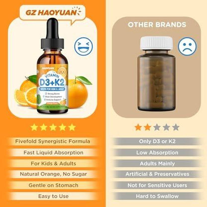 Vitamin D3 K2 Drops for Kids Liquid Supplement with Calcium, Omega 3, Zinc, Vitamin D3 K2 for Calcium Absorption Healthy Bones, Brain Development & Immune System, Non-GMO, Vegan, Orange Flavor 2 Fl Oz