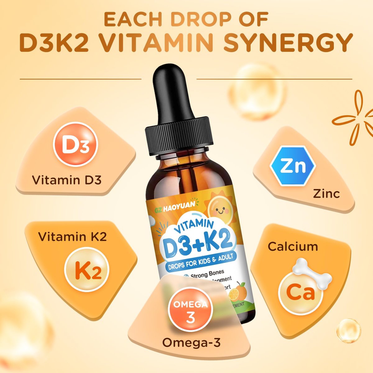 Vitamin D3 K2 Drops for Kids Liquid Supplement with Calcium, Omega 3, Zinc, Vitamin D3 K2 for Calcium Absorption Healthy Bones, Brain Development & Immune System, Non-GMO, Vegan, Orange Flavor 2 Fl Oz - görsel 5