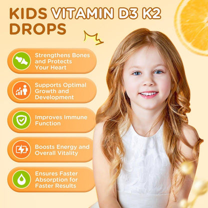 Vitamin D3 K2 Drops for Kids Liquid Supplement with Calcium, Omega 3, Zinc, Vitamin D3 K2 for Calcium Absorption Healthy Bones, Brain Development & Immune System, Non-GMO, Vegan, Orange Flavor 2 Fl Oz