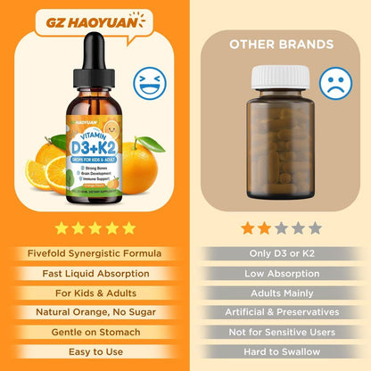 Vitamin D3 K2 Drops for Kids Liquid Supplement with Calcium, Omega 3, Zinc, Vitamin D3 K2 for Calcium Absorption Healthy Bones, Brain Development & Immune System, Non-GMO, Vegan, Orange Flavor 2 Fl Oz