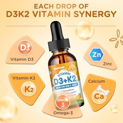 Vitamin D3 K2 Drops for Kids Liquid Supplement with Calcium, Omega 3, Zinc, Vitamin D3 K2 for Calcium Absorption Healthy Bones, Brain Development & Immune System, Non-GMO, Vegan, Orange Flavor 2 Fl Oz - görsel 6
