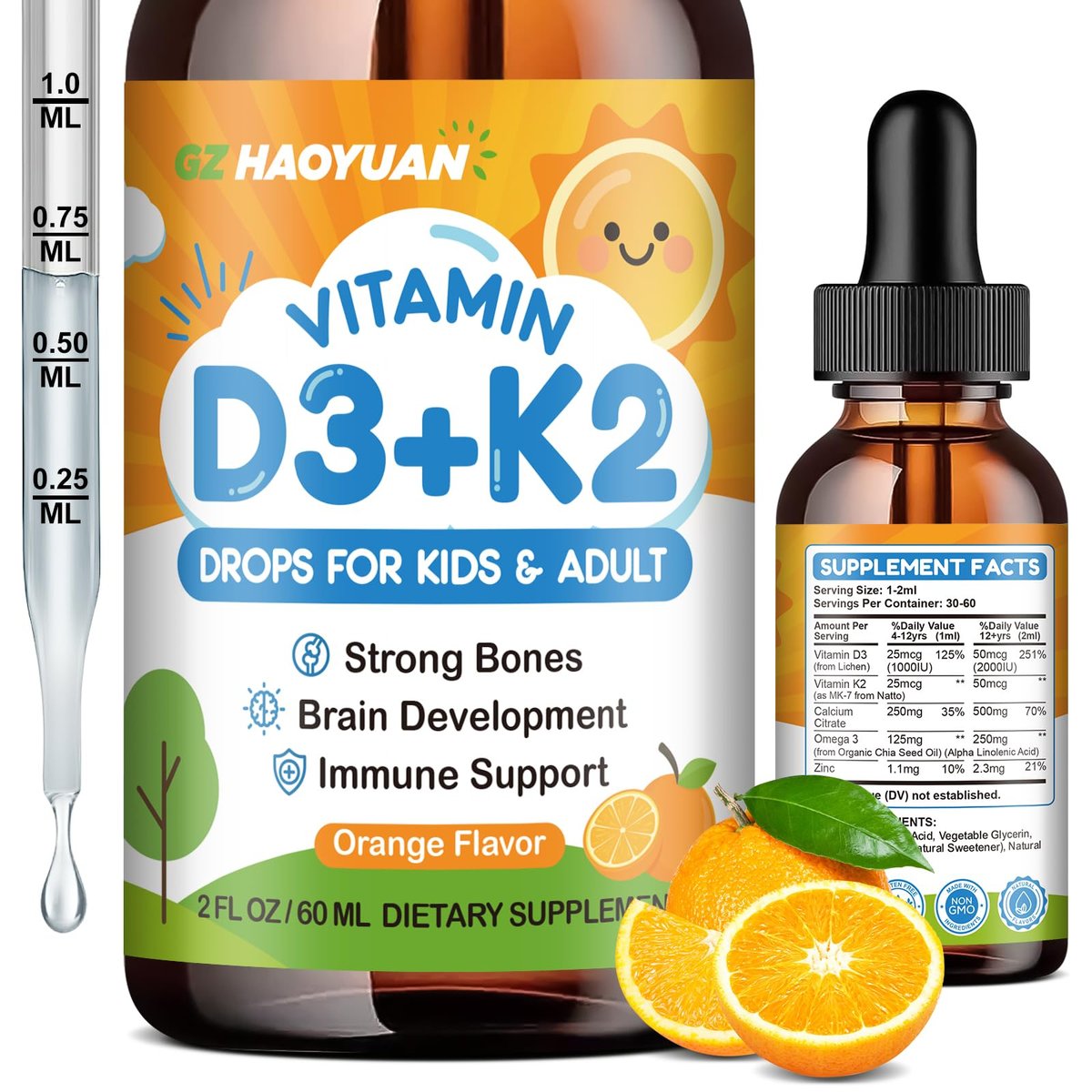 Vitamin D3 K2 Drops for Kids Liquid Supplement with Calcium, Omega 3, Zinc, Vitamin D3 K2 for Calcium Absorption Healthy Bones, Brain Development & Immune System, Non-GMO, Vegan, Orange Flavor 2 Fl Oz - görsel 1