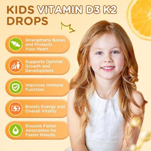 Vitamin D3 K2 Drops for Kids Liquid Supplement with Calcium, Omega 3, Zinc, Vitamin D3 K2 for Calcium Absorption Healthy Bones, Brain Development & Immune System, Non-GMO, Vegan, Orange Flavor 2 Fl Oz - görsel 8