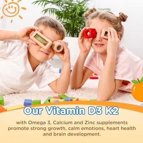 Vitamin D3 K2 Drops for Kids Liquid Supplement with Calcium, Omega 3, Zinc, Vitamin D3 K2 for Calcium Absorption Healthy Bones, Brain Development & Immune System, Non-GMO, Vegan, Orange Flavor 2 Fl Oz - görsel 14