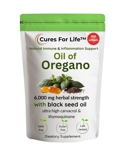 Cures For Life Oil of Oregano Softgels – 6000mg High Potency with 165mg Carvacrol & 200mg Black Seed Oil – 2-in-1 Immune Support & Digestive Health – 300 Softgels – Oregano Oil Capsules Supplement