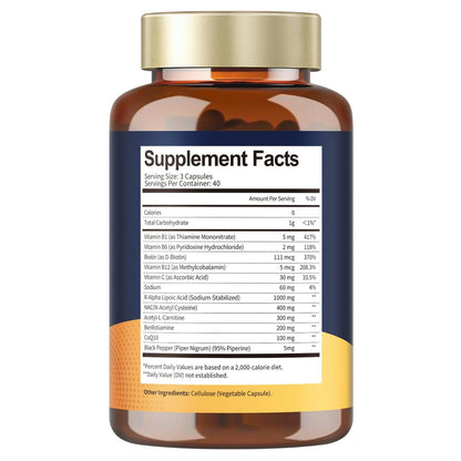 R Alpha Lipoic Acid 1000mg with Benfotiamine - Sodium ALA Supplement for Neuropathy Support Nerve Health & Antioxidant, Cell Energy, Metabolism and Anti-Aging, Non-GMO, Gluten Free, Vegan 120 Counts