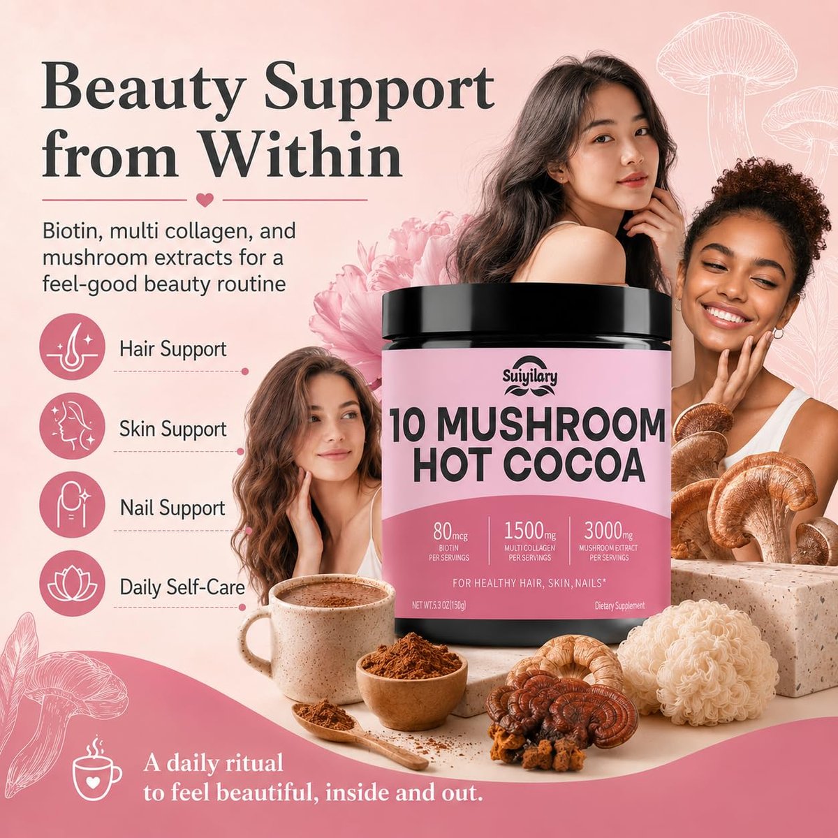 Suiyilary 10 Mushroom Hot Cocoa, 1500mg Collagen, 80mcg Biotin, Sugar Free Keto Cocoa Powder, for Healthy Hair, Skin and Nails, 15 Servings - görsel 9