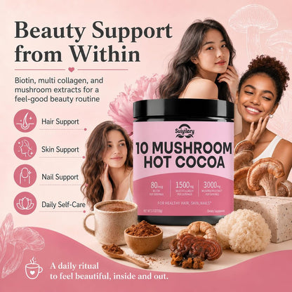 Suiyilary 10 Mushroom Hot Cocoa, 1500mg Collagen, 80mcg Biotin, Sugar Free Keto Cocoa Powder, for Healthy Hair, Skin and Nails, 15 Servings