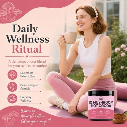 Suiyilary 10 Mushroom Hot Cocoa, 1500mg Collagen, 80mcg Biotin, Sugar Free Keto Cocoa Powder, for Healthy Hair, Skin and Nails, 15 Servings