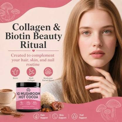 Suiyilary 10 Mushroom Hot Cocoa, 1500mg Collagen, 80mcg Biotin, Sugar Free Keto Cocoa Powder, for Healthy Hair, Skin and Nails, 15 Servings