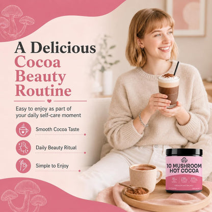 Suiyilary 10 Mushroom Hot Cocoa, 1500mg Collagen, 80mcg Biotin, Sugar Free Keto Cocoa Powder, for Healthy Hair, Skin and Nails, 15 Servings