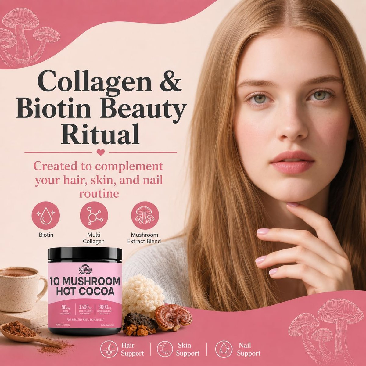 Suiyilary 10 Mushroom Hot Cocoa, 1500mg Collagen, 80mcg Biotin, Sugar Free Keto Cocoa Powder, for Healthy Hair, Skin and Nails, 15 Servings - görsel 7