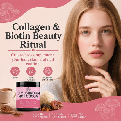 Suiyilary 10 Mushroom Hot Cocoa, 1500mg Collagen, 80mcg Biotin, Sugar Free Keto Cocoa Powder, for Healthy Hair, Skin and Nails, 15 Servings