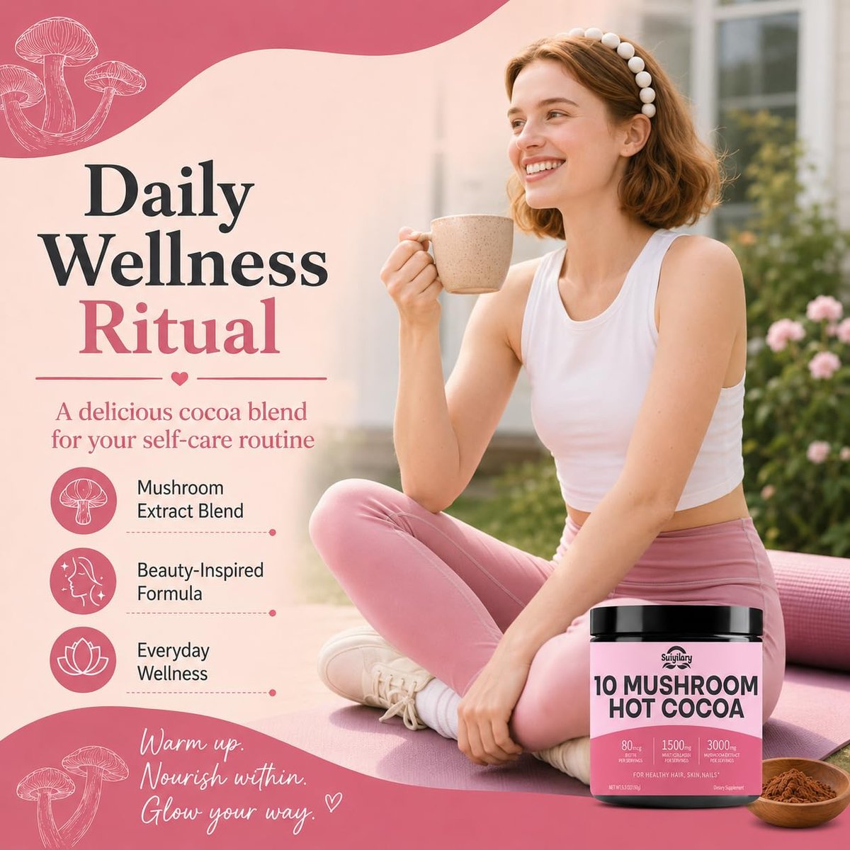 Suiyilary 10 Mushroom Hot Cocoa, 1500mg Collagen, 80mcg Biotin, Sugar Free Keto Cocoa Powder, for Healthy Hair, Skin and Nails, 15 Servings - görsel 11