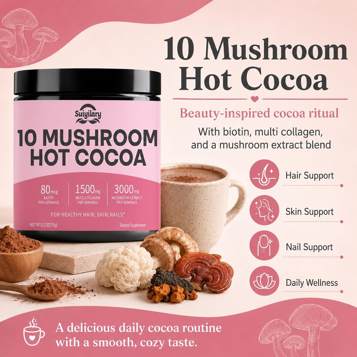Suiyilary 10 Mushroom Hot Cocoa, 1500mg Collagen, 80mcg Biotin, Sugar Free Keto Cocoa Powder, for Healthy Hair, Skin and Nails, 15 Servings - görsel 3