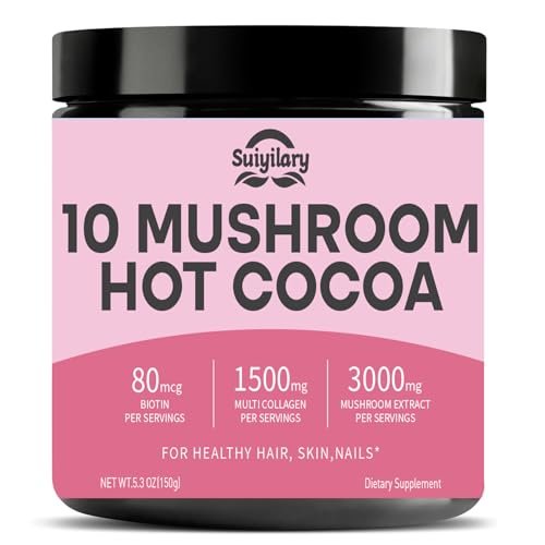 Suiyilary 10 Mushroom Hot Cocoa, 1500mg Collagen, 80mcg Biotin, Sugar Free Keto Cocoa Powder, for Healthy Hair, Skin and Nails, 15 Servings - görsel 2