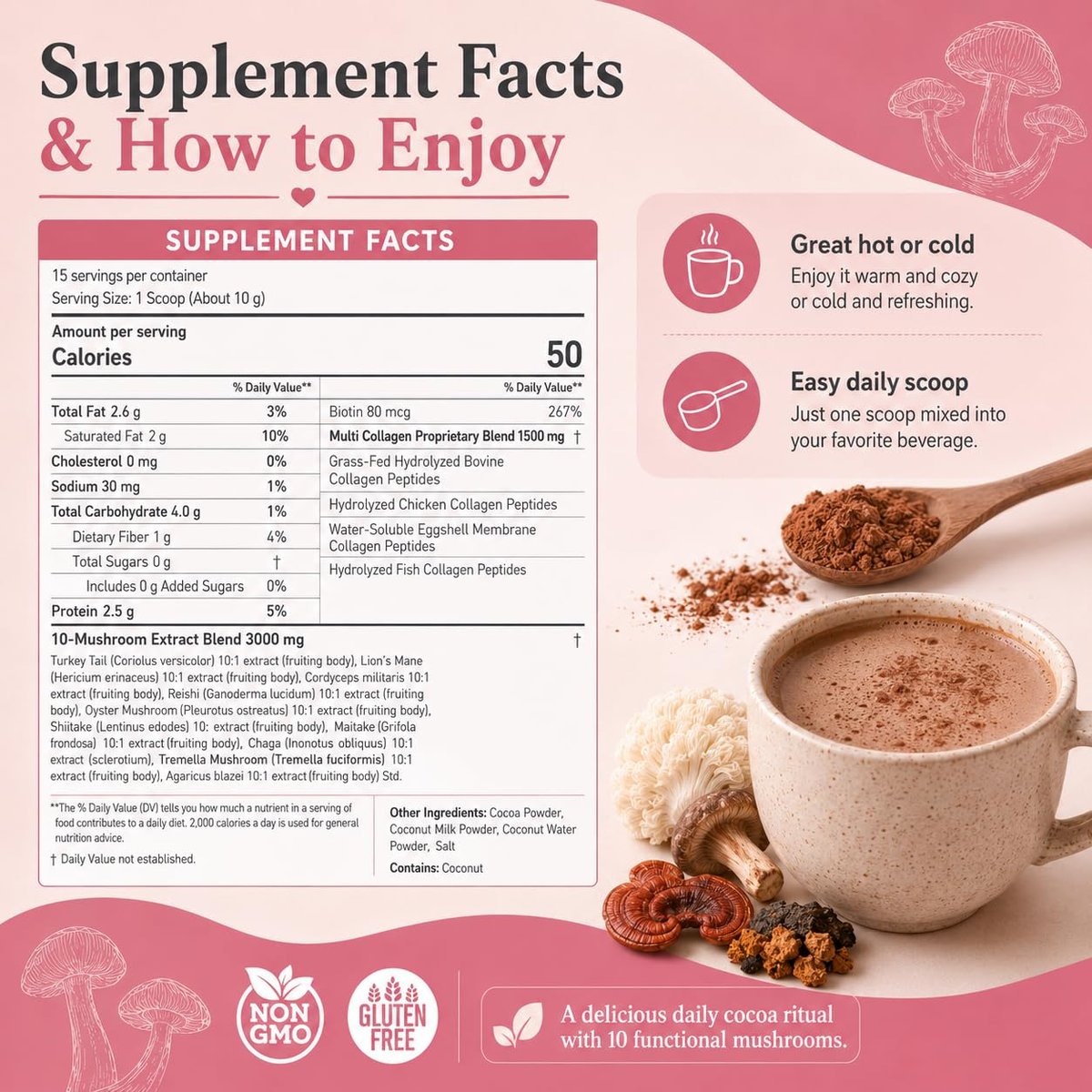 Suiyilary 10 Mushroom Hot Cocoa, 1500mg Collagen, 80mcg Biotin, Sugar Free Keto Cocoa Powder, for Healthy Hair, Skin and Nails, 15 Servings - görsel 17