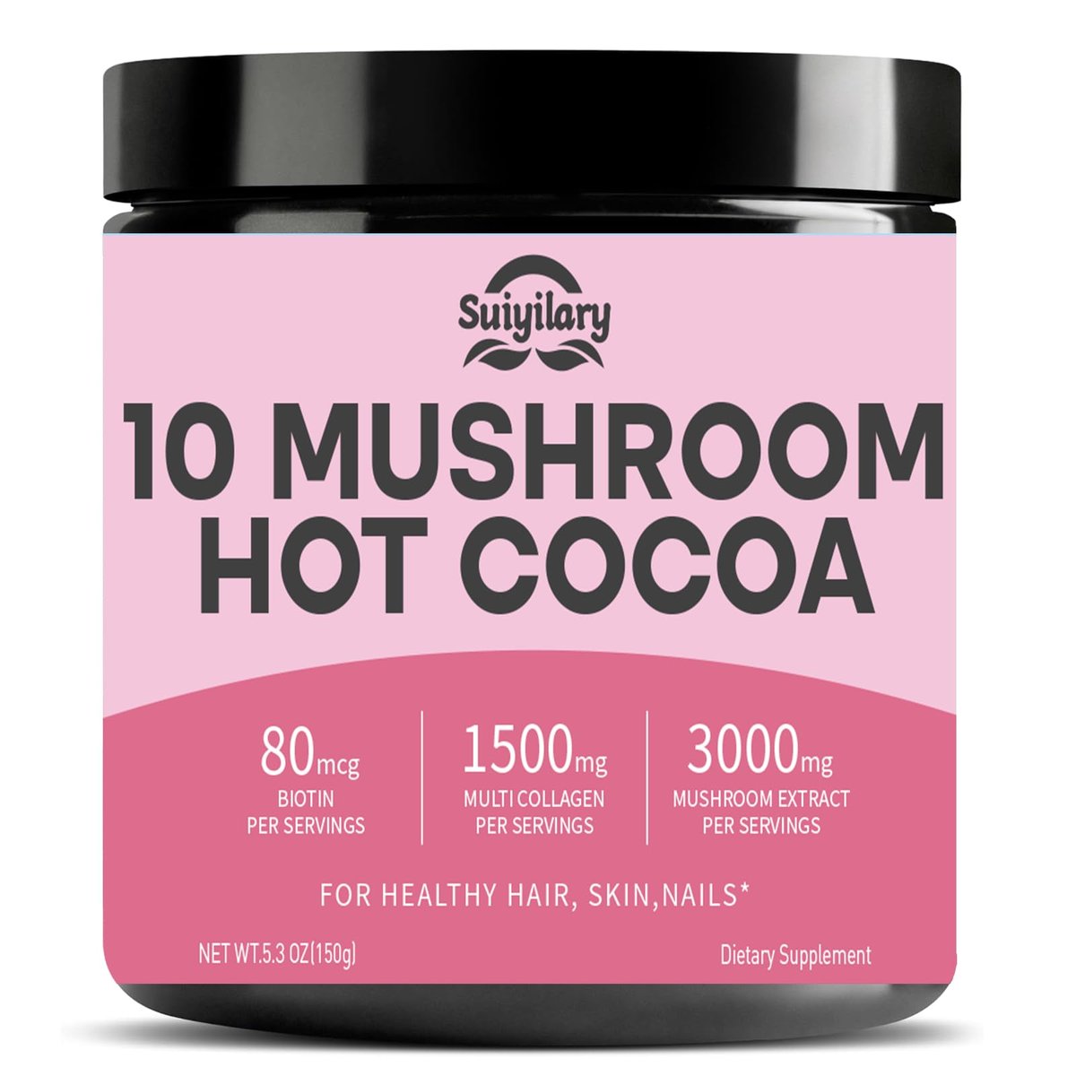 Suiyilary 10 Mushroom Hot Cocoa, 1500mg Collagen, 80mcg Biotin, Sugar Free Keto Cocoa Powder, for Healthy Hair, Skin and Nails, 15 Servings - görsel 1