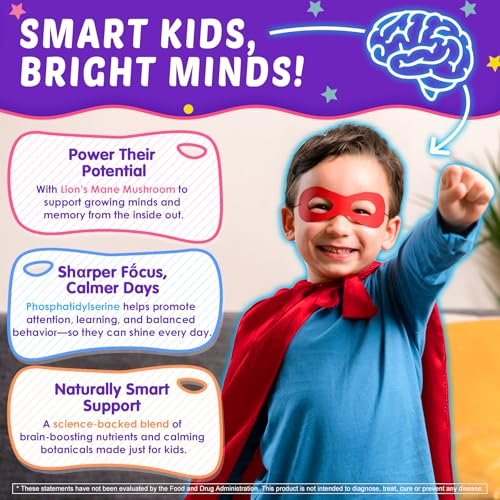 Kids Brain Gummies with Lion's Mane Mushroom, Methyl B6, B9, B12, Super Greens, Lutein, Brain Booster Supplement for Focus & Attention, Cognitive Function, Vision & Energy, Sugar Free, Vegan 60 Count - görsel 8