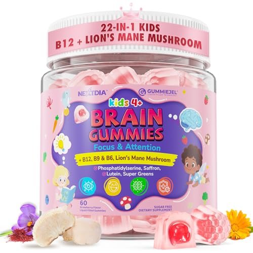 Kids Brain Gummies with Lion's Mane Mushroom, Methyl B6, B9, B12, Super Greens, Lutein, Brain Booster Supplement for Focus & Attention, Cognitive Function, Vision & Energy, Sugar Free, Vegan 60 Count - görsel 2