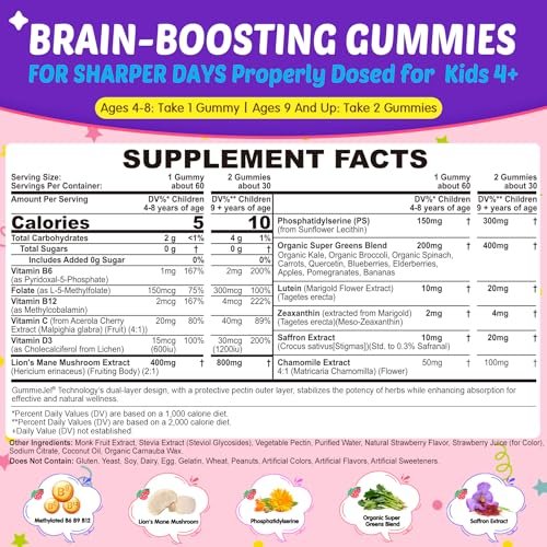 Kids Brain Gummies with Lion's Mane Mushroom, Methyl B6, B9, B12, Super Greens, Lutein, Brain Booster Supplement for Focus & Attention, Cognitive Function, Vision & Energy, Sugar Free, Vegan 60 Count - görsel 4