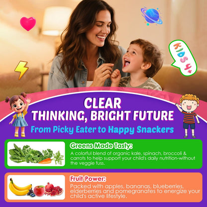 Kids Brain Gummies with Lion's Mane Mushroom, Methyl B6, B9, B12, Super Greens, Lutein, Brain Booster Supplement for Focus & Attention, Cognitive Function, Vision & Energy, Sugar Free, Vegan 60 Count