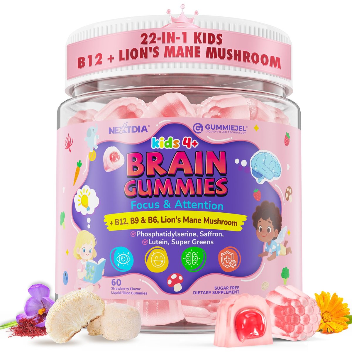 Kids Brain Gummies with Lion's Mane Mushroom, Methyl B6, B9, B12, Super Greens, Lutein, Brain Booster Supplement for Focus & Attention, Cognitive Function, Vision & Energy, Sugar Free, Vegan 60 Count - görsel 1
