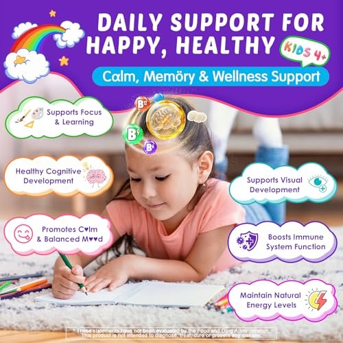 Kids Brain Gummies with Lion's Mane Mushroom, Methyl B6, B9, B12, Super Greens, Lutein, Brain Booster Supplement for Focus & Attention, Cognitive Function, Vision & Energy, Sugar Free, Vegan 60 Count - görsel 6