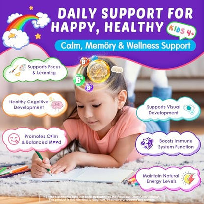 Kids Brain Gummies with Lion's Mane Mushroom, Methyl B6, B9, B12, Super Greens, Lutein, Brain Booster Supplement for Focus & Attention, Cognitive Function, Vision & Energy, Sugar Free, Vegan 60 Count