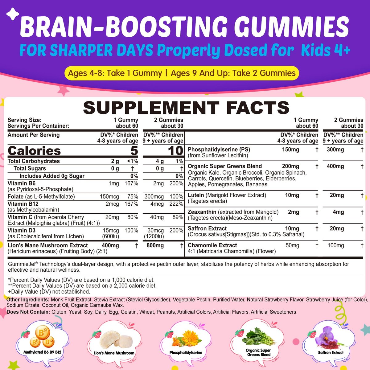 Kids Brain Gummies with Lion's Mane Mushroom, Methyl B6, B9, B12, Super Greens, Lutein, Brain Booster Supplement for Focus & Attention, Cognitive Function, Vision & Energy, Sugar Free, Vegan 60 Count - görsel 3
