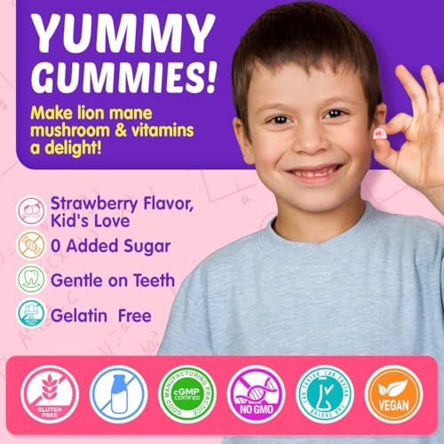 Kids Brain Gummies with Lion's Mane Mushroom, Methyl B6, B9, B12, Super Greens, Lutein, Brain Booster Supplement for Focus & Attention, Cognitive Function, Vision & Energy, Sugar Free, Vegan 60 Count - görsel 14