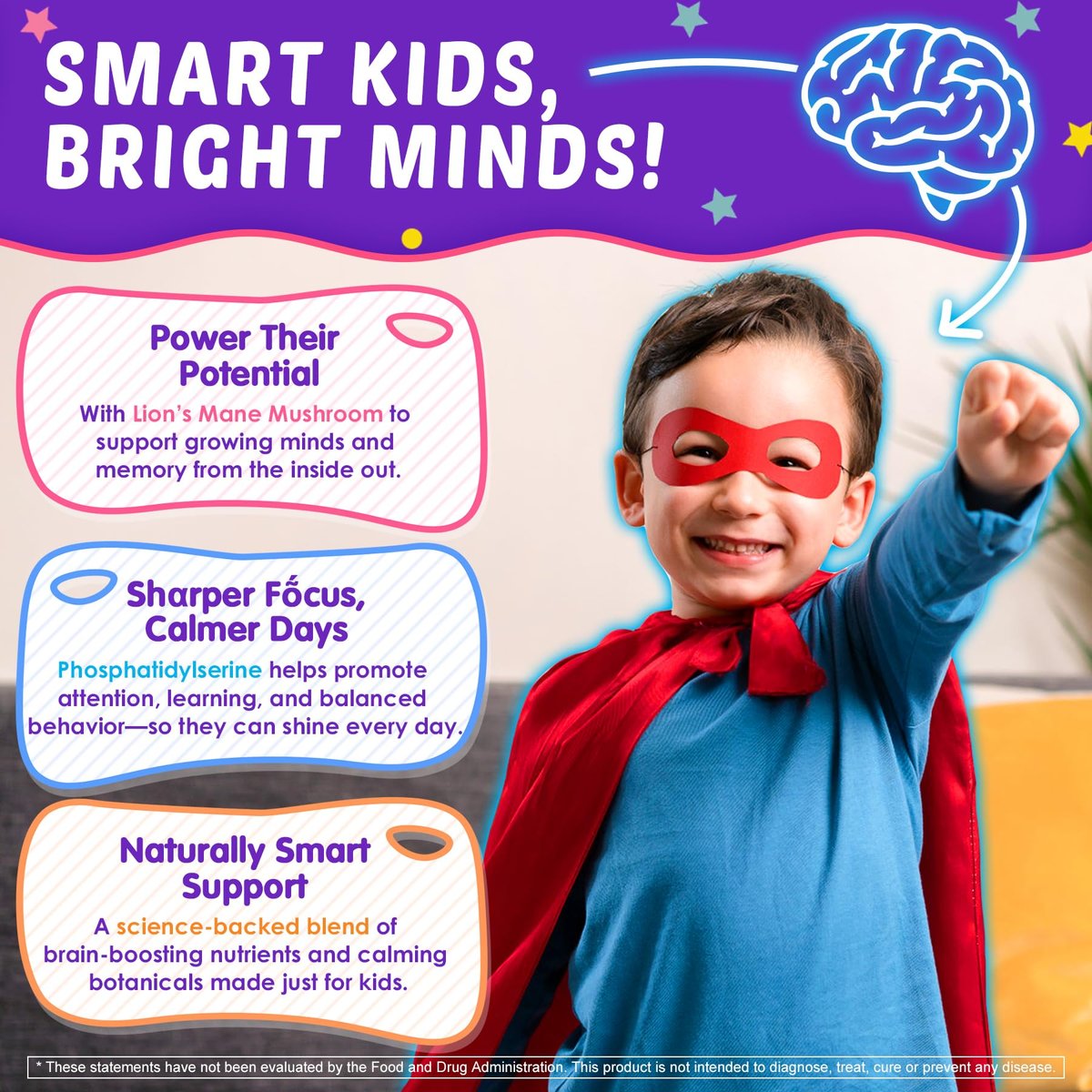 Kids Brain Gummies with Lion's Mane Mushroom, Methyl B6, B9, B12, Super Greens, Lutein, Brain Booster Supplement for Focus & Attention, Cognitive Function, Vision & Energy, Sugar Free, Vegan 60 Count - görsel 7