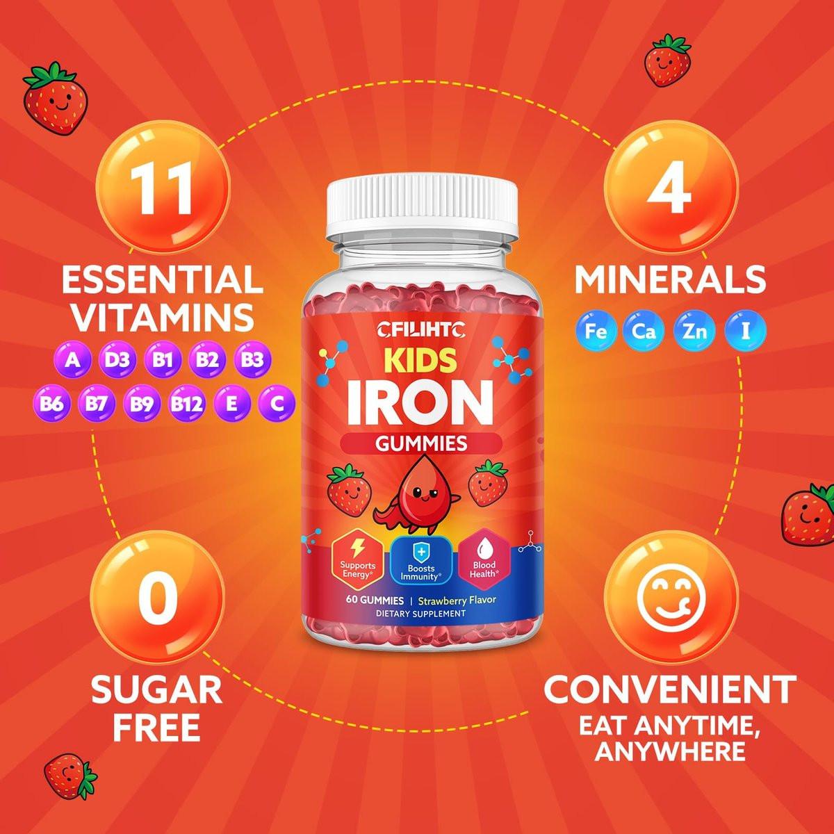 Iron Gummies for Kids & Teens, Kids Multivitamin with Iron Supplement, Calcium, Folate, Zinc, Prebiotic - for Blood Builder & Energy Support, Iron Deficiency - Vegan & Non-GMO - 60 Count Strawberry - görsel 8
