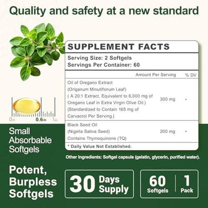 vivcmin Oregano Oil, 300 Softgels, 150 Days Supply - 6000mg Oil of Oregano with Black Seed Oil for Immune & Digestive Support, aceite de Oregano with High Carvacrol & Thymoquinone, Non-GMO