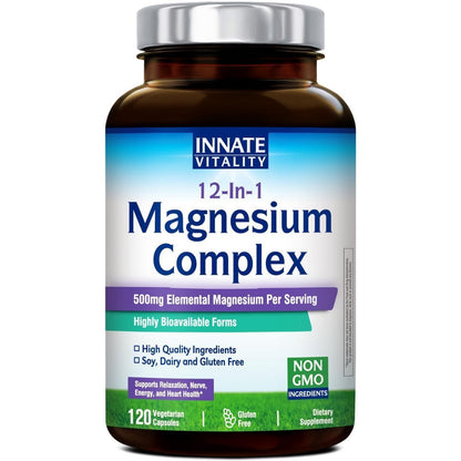 Innate Vitality 12-in-1 Magnesium Complex, 500 mg Elemental Mag, with Magnesium Glycinate Malate Taurate Aspartate & More, Non-GMO, for Nerves, Sleep, Heart, Energy, 120 Veg Caps