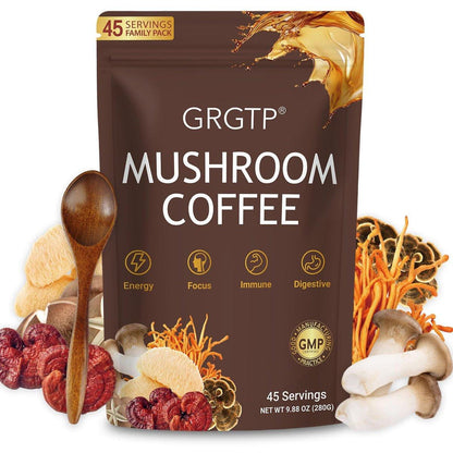 GRGTP Mushroom Coffee - Superfood Blend with 6 Adaptogens (Cordyceps, Lion's Mane, Reishi Other) | Jitter-Free Energy, Enhanced Focus, Digestion & Immunity Support | 45 Servings, Vegan, Gluten Free, Non-GMO | Smooth Flavor