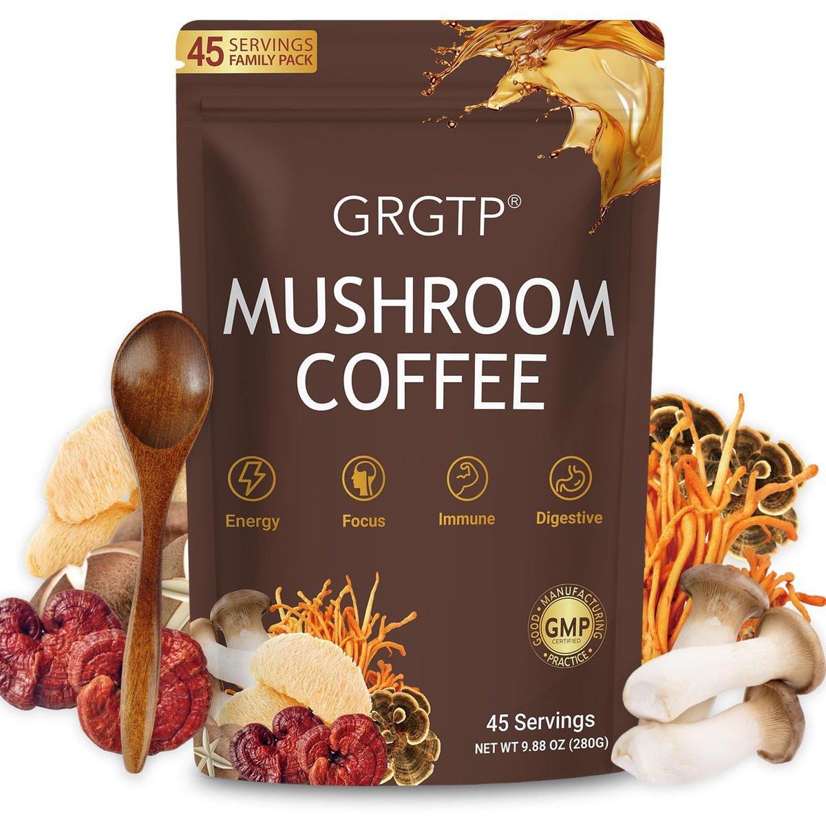 GRGTP Mushroom Coffee - Superfood Blend with 6 Adaptogens (Cordyceps, Lion's Mane, Reishi Other) | Jitter-Free Energy, Enhanced Focus, Digestion & Immunity Support | 45 Servings, Vegan, Gluten Free, Non-GMO | Smooth Flavor - görsel 3