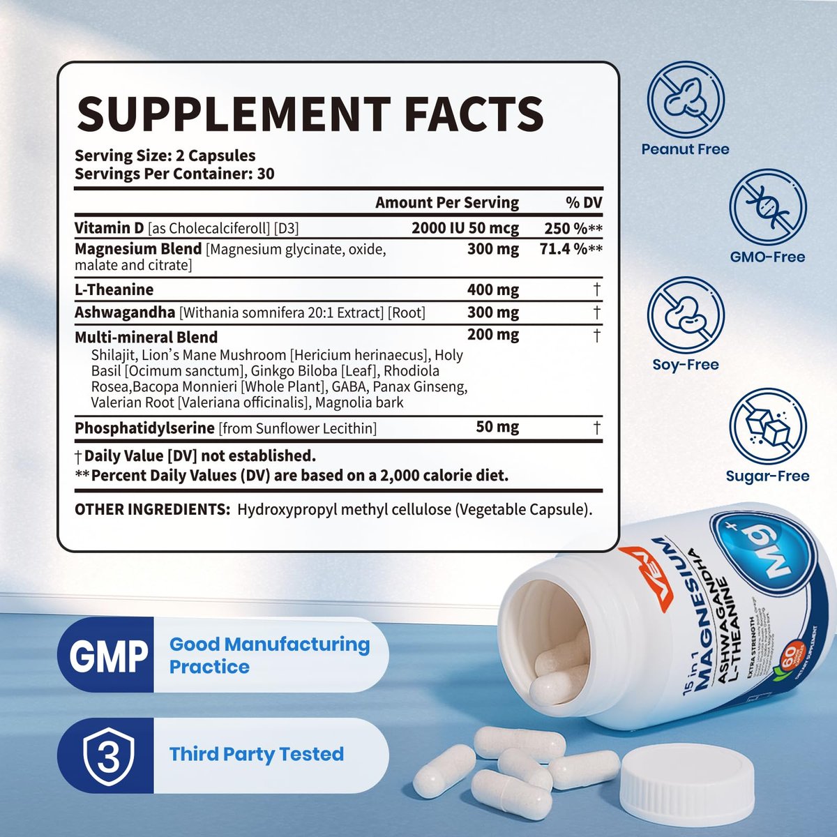 VEV Deep Calm 15 in 1 Magnesium Glycinate & Citrate Complex Capsules, Cortisol Supplements for Women – Easy to take Formula with Ashwagandha & L-Theanine, 60 Vegan Capsules - görsel 3