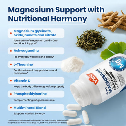 VEV Deep Calm 15 in 1 Magnesium Glycinate & Citrate Complex Capsules, Cortisol Supplements for Women – Easy to take Formula with Ashwagandha & L-Theanine, 60 Vegan Capsules