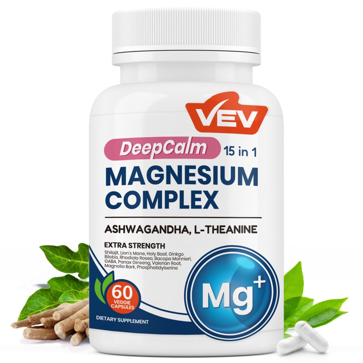 VEV Deep Calm 15 in 1 Magnesium Glycinate & Citrate Complex Capsules, Cortisol Supplements for Women – Easy to take Formula with Ashwagandha & L-Theanine, 60 Vegan Capsules - görsel 1