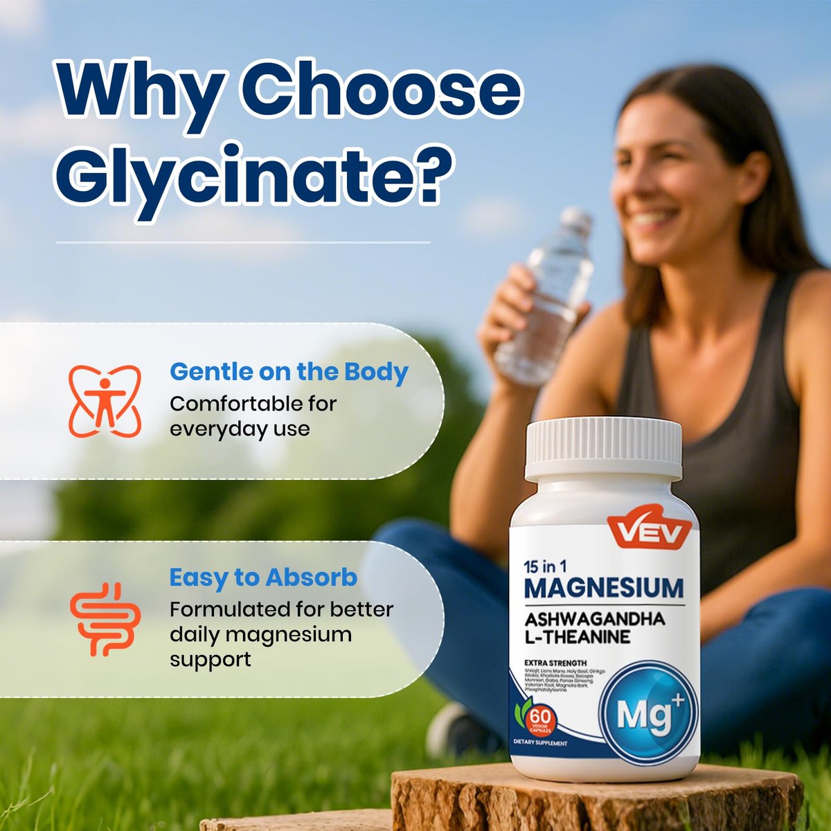 VEV Deep Calm 15 in 1 Magnesium Glycinate & Citrate Complex Capsules, Cortisol Supplements for Women – Easy to take Formula with Ashwagandha & L-Theanine, 60 Vegan Capsules - görsel 5