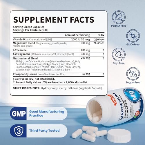 VEV Deep Calm 15 in 1 Magnesium Glycinate & Citrate Complex Capsules, Cortisol Supplements for Women – Easy to take Formula with Ashwagandha & L-Theanine, 60 Vegan Capsules - görsel 4