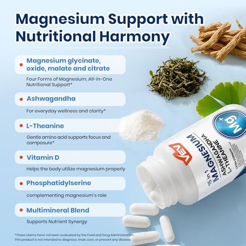 VEV Deep Calm 15 in 1 Magnesium Glycinate & Citrate Complex Capsules, Cortisol Supplements for Women – Easy to take Formula with Ashwagandha & L-Theanine, 60 Vegan Capsules - görsel 12