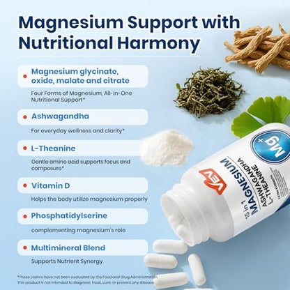 VEV Deep Calm 15 in 1 Magnesium Glycinate & Citrate Complex Capsules, Cortisol Supplements for Women – Easy to take Formula with Ashwagandha & L-Theanine, 60 Vegan Capsules