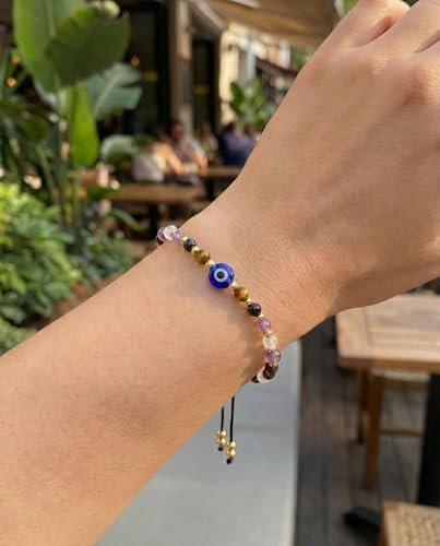 HGDEER Evil Eye Bracelets, Crystal Bracelets Protection Black Tourmaline Tigers Good Luck Gifts Healing Spiritual Jewelry for Women Charm Grounding Positive Energy Stocking Stuffer - görsel 7