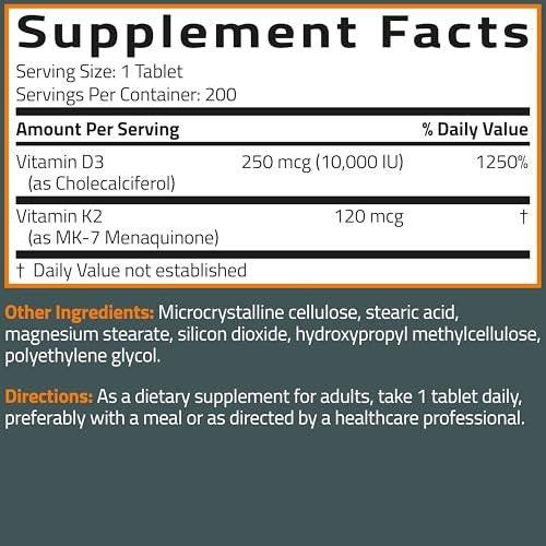 Bronson Vitamin K2 (MK7) with D3 Supplement Extra Strength 2 in 1 Support, 10,000 IU Vitamin D3 & 120 mcg K2 MK-7, 200 Tablets - görsel 14