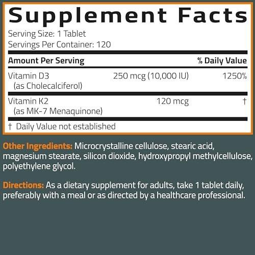 Bronson Vitamin K2 (MK7) with D3 Supplement Extra Strength 2 in 1 Support, 10,000 IU Vitamin D3 & 120 mcg K2 MK-7, 200 Tablets - görsel 7